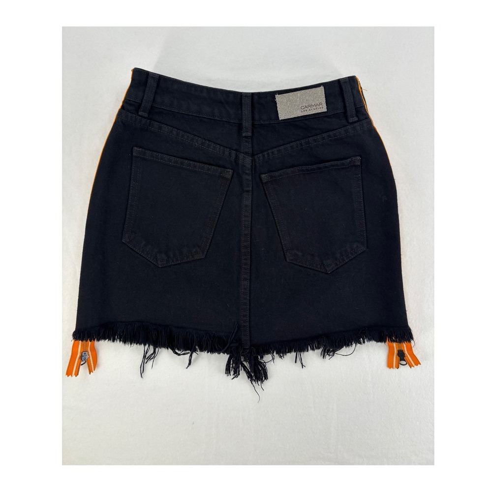Carmar Denim Mini Skirt Womens 26 Black Orange Racing‎ Stripe Side Zip Raw Hem - Picture 2 of 12